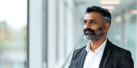 Fototapeta premium Bearded Indian businessman in office hallway confident and contemplating future success. Concept Business, Success, Confidence, Contemplation, Indian