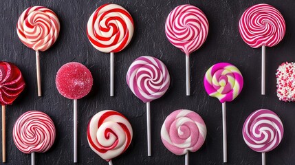   A cluster of lollipops stacked on top of one another atop a dark table, adjacent to one another