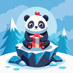  cute panda sitting on a hill of ice and open a gift box vector illustration 