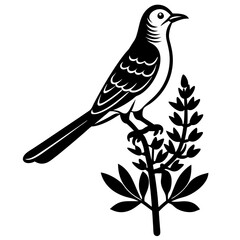 mockingbird auf blue bonnet flower vector silhouette 