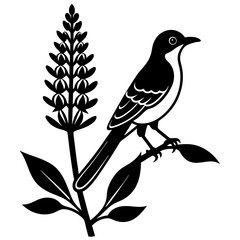 mockingbird auf blue bonnet flower vector silhouette 