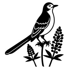 mockingbird auf blue bonnet flower vector silhouette 