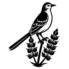 mockingbird auf blue bonnet flower vector silhouette 