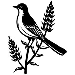 mockingbird auf blue bonnet flower vector silhouette 