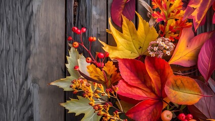 Obraz premium Autumn composition of leaves flowers and berries on wooden background