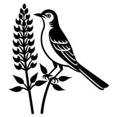 mockingbird auf blue bonnet flower vector silhouette 
