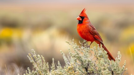  A red bird perches on a tree branch against a backdrop of green and yellow flowers The background is softly blurred