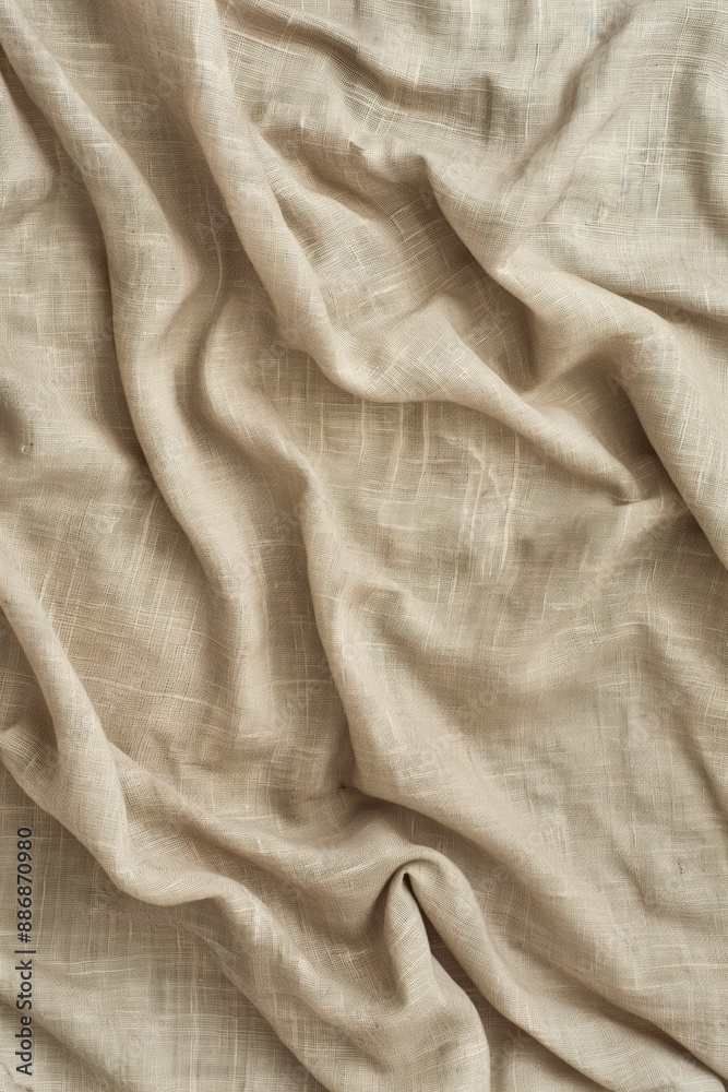 Poster Close-up view of beige linen fabric with subtle texture. Smooth surface and slight sheen add depth. Intentionally blurred background highlights fabric natural beauty.