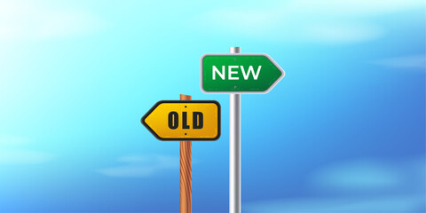 Old and New Signboard showing Direction coming back to Past or at Present. Directional sign. Decision making. Old ways, New Ways. Future. Wood and Metal signage. Vector Illustration.  © dreamsgraphicdesign