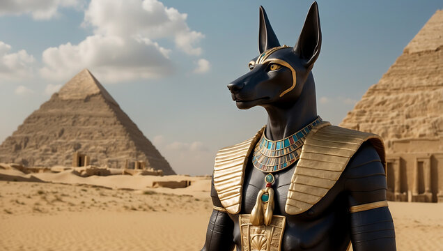 A majestic representation of Anubis in an ancient Egyptian temple. ancient egyptian god No.004