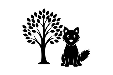A cute Rocky dog sitting under a tree vector silhouette white background