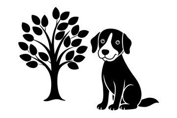 Fototapeta premium A cute Rocky dog sitting under a tree vector silhouette white background