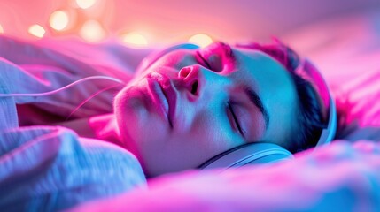   A close-up of a person lying in bed, with pink and blue light emanating from above their head
