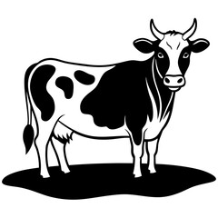 A cow standing in a green field vector silhouette
