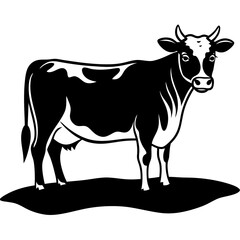 A cow standing in a green field vector silhouette
