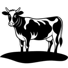 A cow standing in a green field vector silhouette