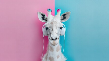 Obraz premium A giraffe wearing headphones on its ears, against a background of pink and blue hues