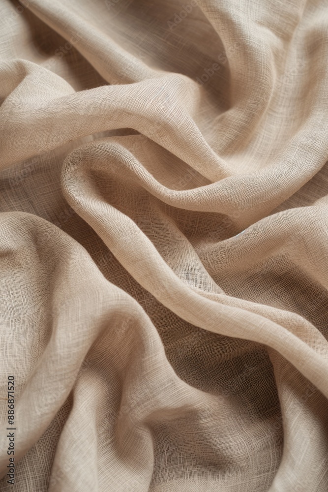 Poster soft beige linen fabric texture, folded to reveal intricate patterns. close-up view of natural mater