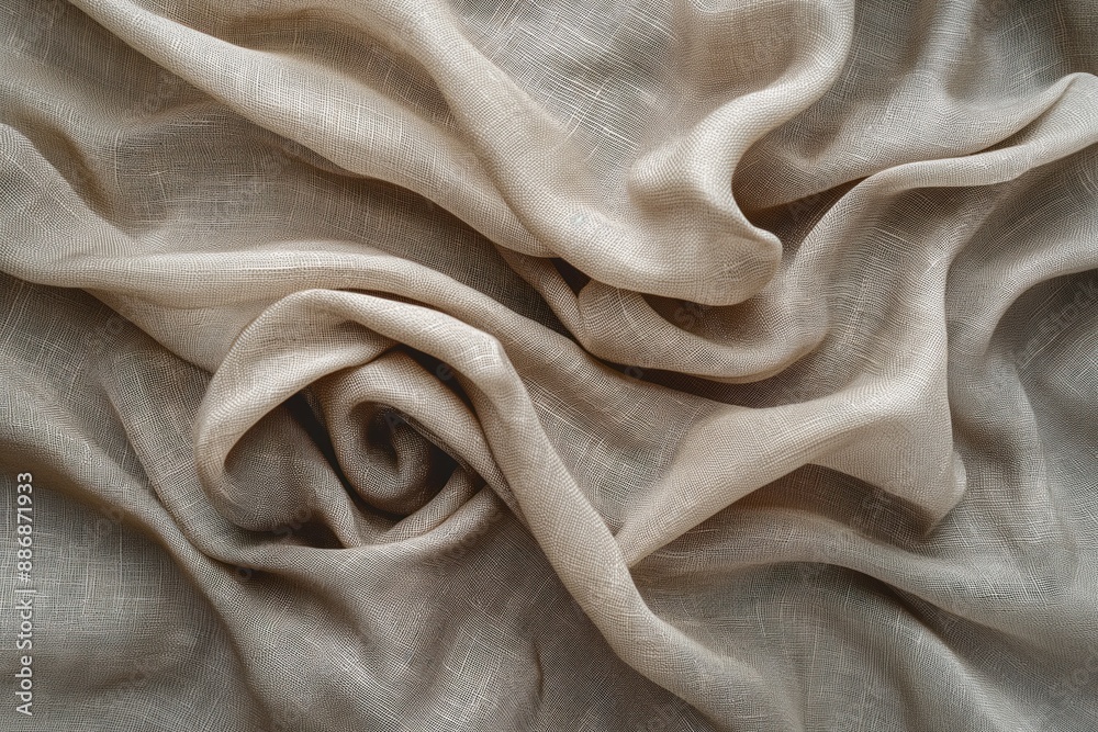 Poster close-up view of beige linen fabric with rough texture. natural material with contrasting color shad