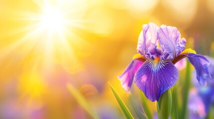  A tight shot of a purple flower, sun glowing behind, lens flare in front