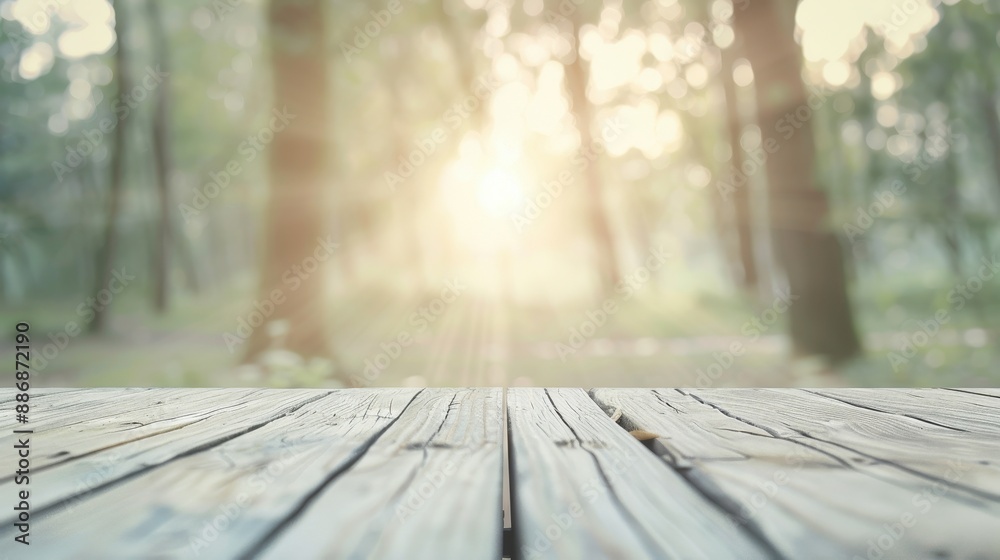 Canvas Prints a wooden table with a view of trees and a sun shining through the leaves