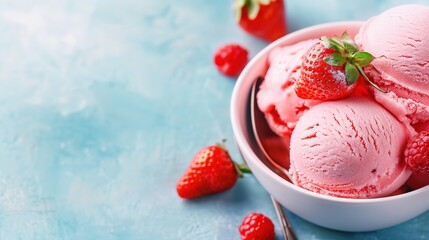   Three scoops of strawberry ice cream in a light blue bowl, accompanied by fresh strawberries