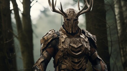 A masked figure with antlers stands in a misty forest