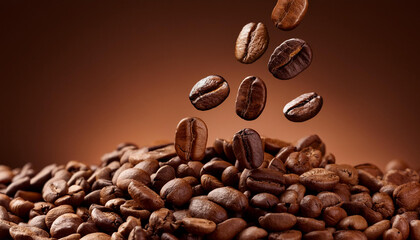 Obraz premium Photo of Roasted coffee beans falling on heap against brown background.