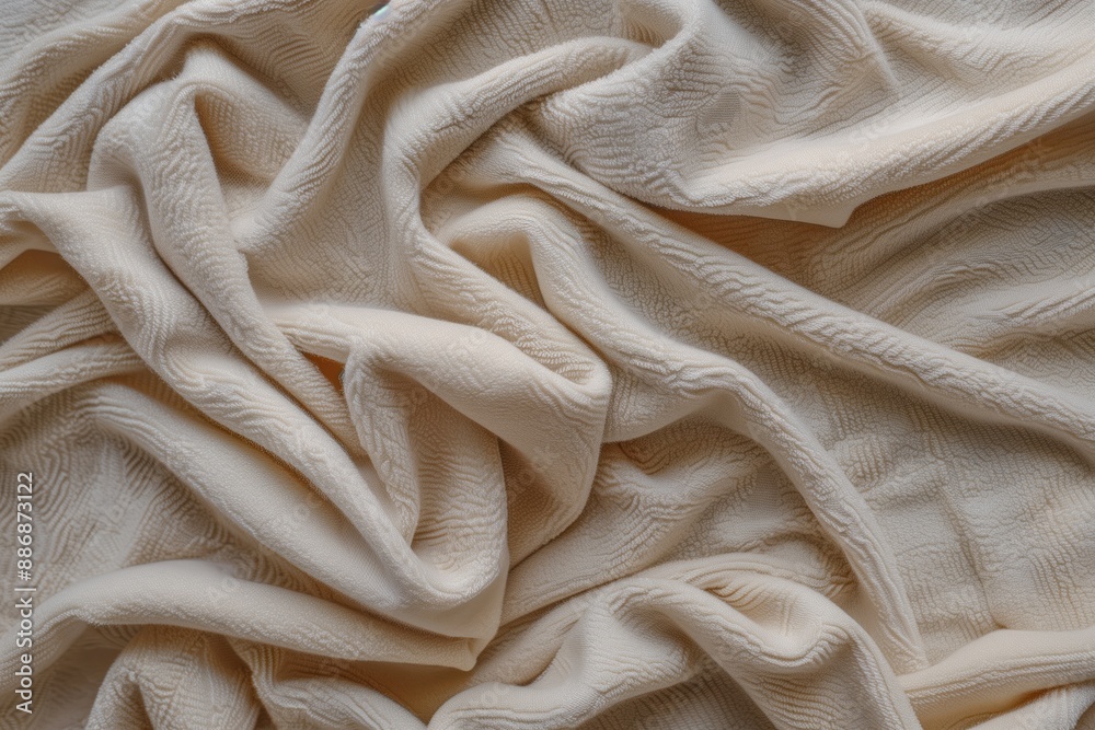 Poster close-up view of soft beige fabric with subtle sheen. wrinkled texture adds depth to scene. focus on