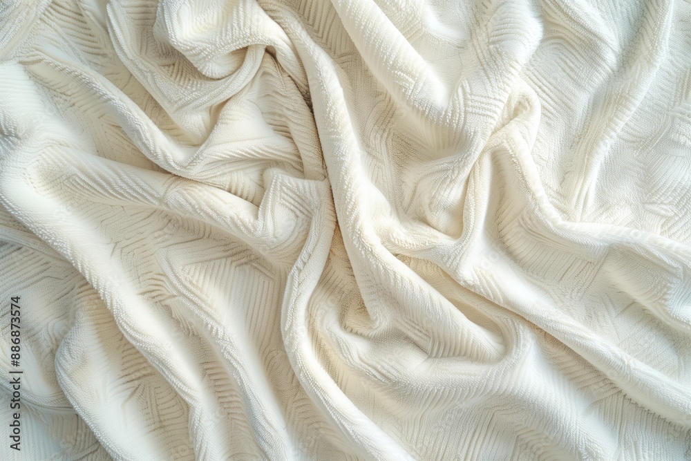 Poster Crinkled white fabric texture with depth and interest. Close-up view of folded sheet or blanket with blurred background. Perfect for interior design, home decor, and textile inspiration.