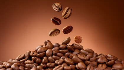 Obraz premium Photo of Roasted coffee beans falling on heap against brown background.