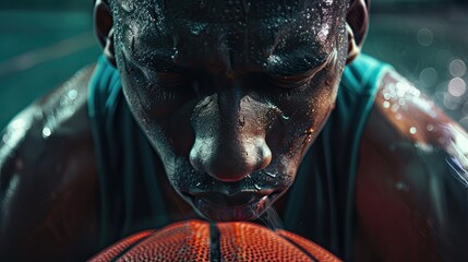 Basketball man sports burnout and game fatigue on court sport training muscle injury from exercise on ground and sad with mistake Sick depressed and african american athlete with competition pain