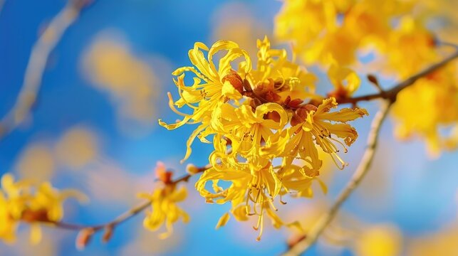 Closeup shot of bright yellow flowers with ribbon shaped petals and fruits of witch hazel common witch hazel or American witch hazel Hamamelis virginiana flowering in autumn with blue sky bacground