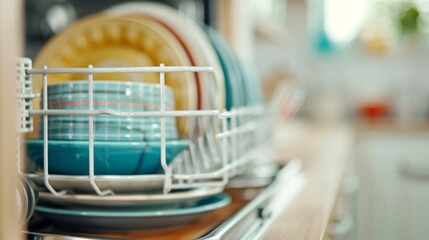 Fototapeta premium A dish rack, brimming with dishes, rests atop a wooden counter Nearby stands a dishwasher in a kitchen