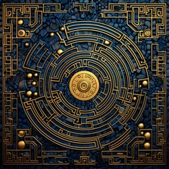 Ancient gold and blue circular maze symbol with intricate patterns