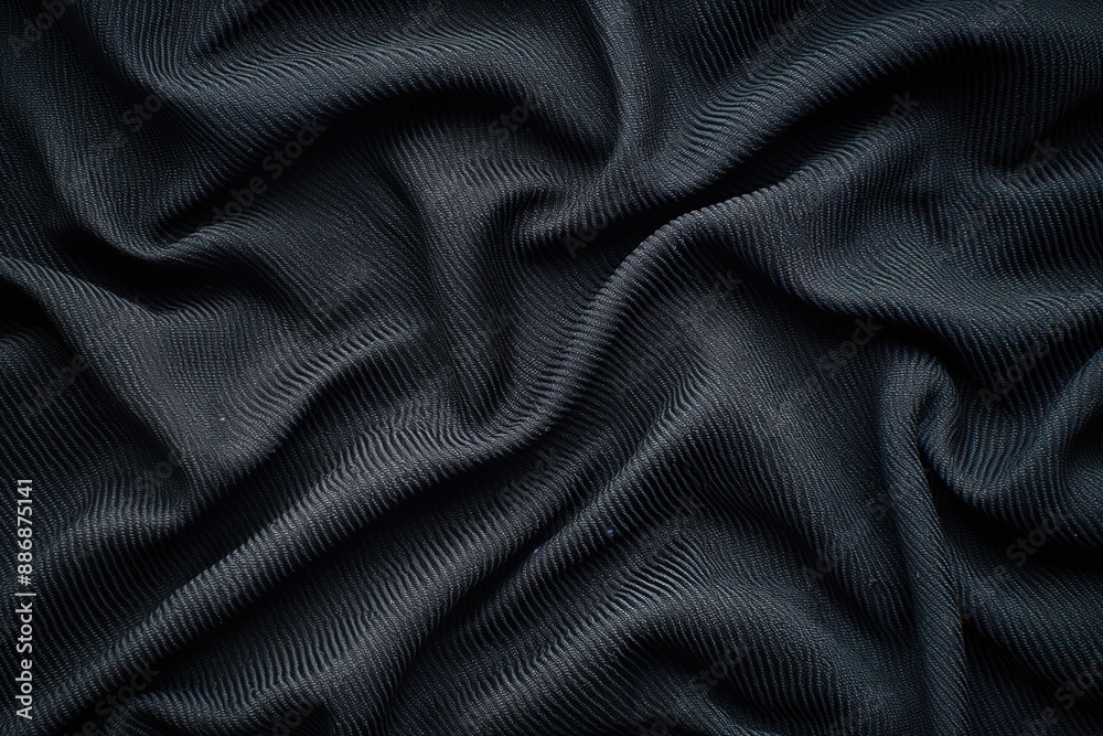 Aufkleber Black fabric shows crisscross pattern with slight sheen. Close-up view highlights texture and depth. Blurred background focuses on intricate details of smooth surface.