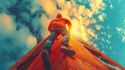 High-energy illustration of a parkour athlete scaling a tall building, showcasing urban exploration and physical prowess. Illustration, Image, , Minimalism,