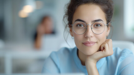 Fototapeta premium Close-up portrait of a thoughtful young professional woman with glasses, resting her chin on her hand in an office setting. The blurred background emphasizes a modern and focused work environment.