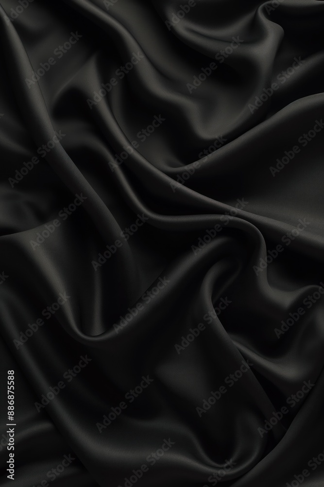 Poster black fabric texture close-up. folded nylon cloth with intricate folds and smooth surface. gray back