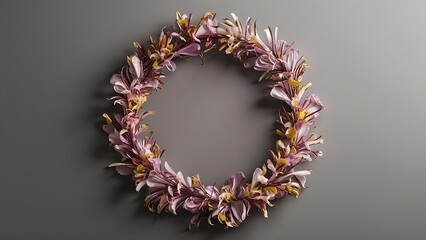 Top view of round floral frame made of petals and leaves isolated on grey