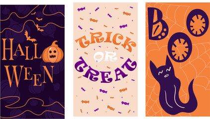 set of halloween backgrounds, for web, for stories Instagram and social media, for invitations, for print, for card, for kids, vector illustration, three backgraunds, trick or treat, orange and violet