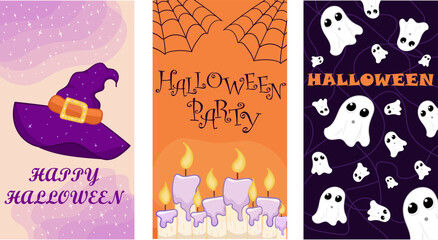 set of halloween backgrounds, for web, for stories Instagram and social media, for invitations, for print, for card, for kids, vector illustration, three backgraunds, trick or treat, orange and violet