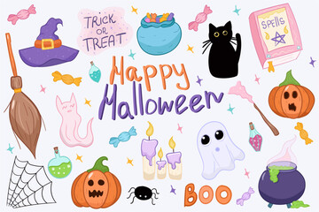 halloween item sticker set, cat, hat, book with spells, gost, candy, broom, candles, potion, spider, cobweb, pumpkin, vector illustrration, violet, orange, pink colors, for web, print, social media 