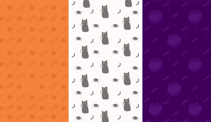 set of halloween backgrounds, for web, for stories Instagram and social media, for invitations, for print, for card, for kids, vector illustration, three backgraunds, trick or treat, orange and violet