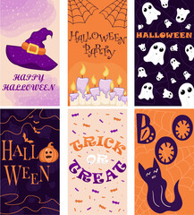 set of halloween backgrounds, for web, for stories Instagram and social media, for invitations, for print, for card, for kids, vector illustration, six backgraunds, trick or treat, orange and violet