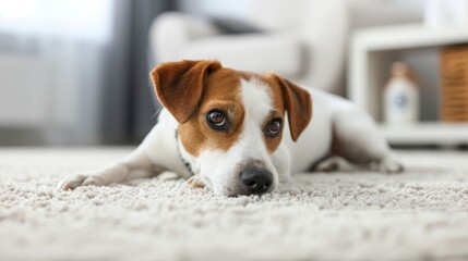  A brown-and-white dog lies on a rug, adjacent to a white couch in the living room