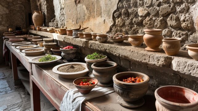 Ancient food counter Thermopolium in Herculaneum Ercolano with ceramic pots to keep food hot so customers could grab some fast food along the street