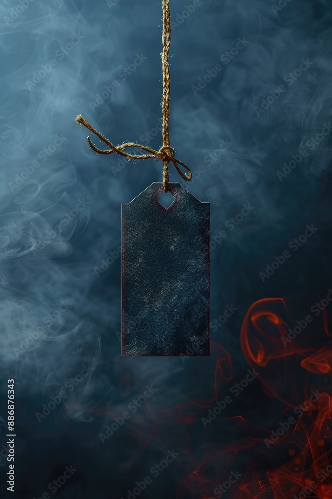 Poster a rope tag hangs from a rope with smoke in the background, suitable for use in outdoor or adventure-