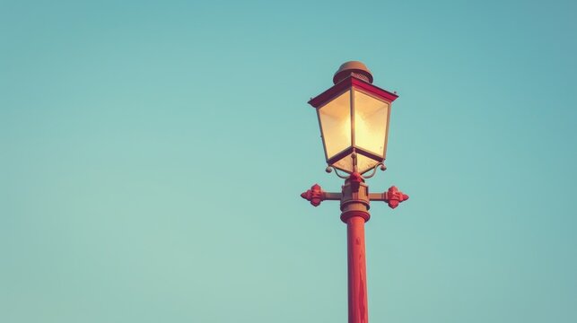 Vintage gaslight street lamp on tall red wooden pole against clear summer sky