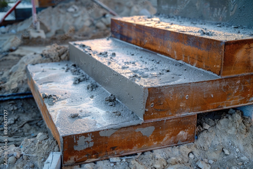 Poster A pile of concrete blocks resting on a pile of dirt, suitable for use in architectural or construction photography